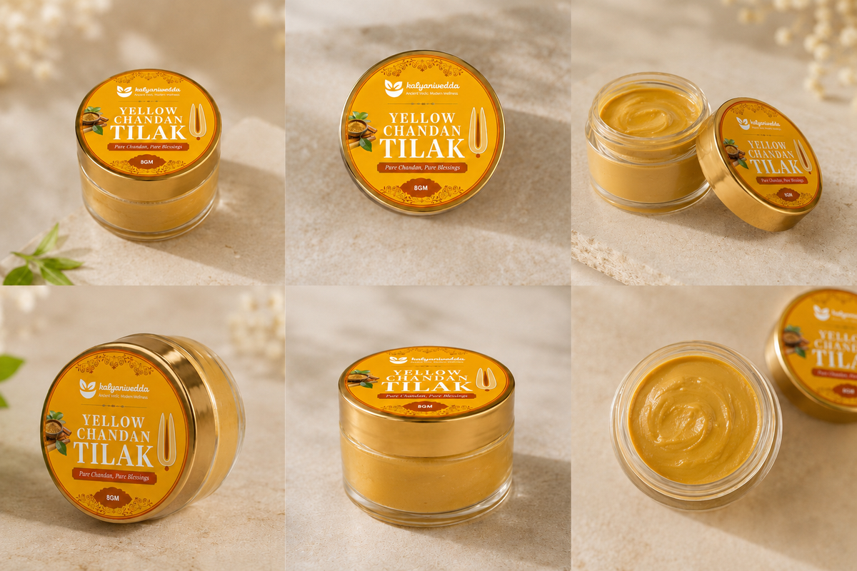 Kalyanivedda Yellow Chandan Tilak Paste for Puja, Rituals and Festival Use, Pure Sandalwood, Cooling and Smooth, Ready to Apply, 8GM