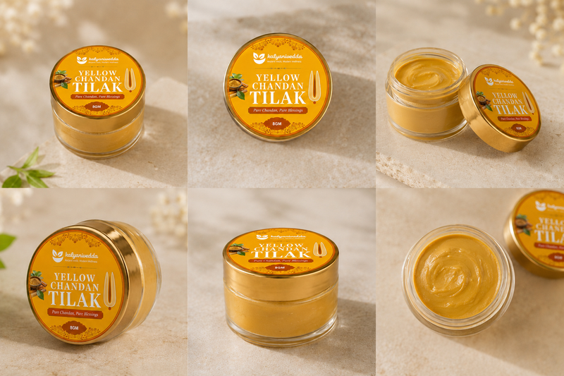 Kalyanivedda Yellow Chandan Tilak Paste for Puja, Rituals and Festival Use, Pure Sandalwood, Cooling and Smooth, Ready to Apply, 8GM